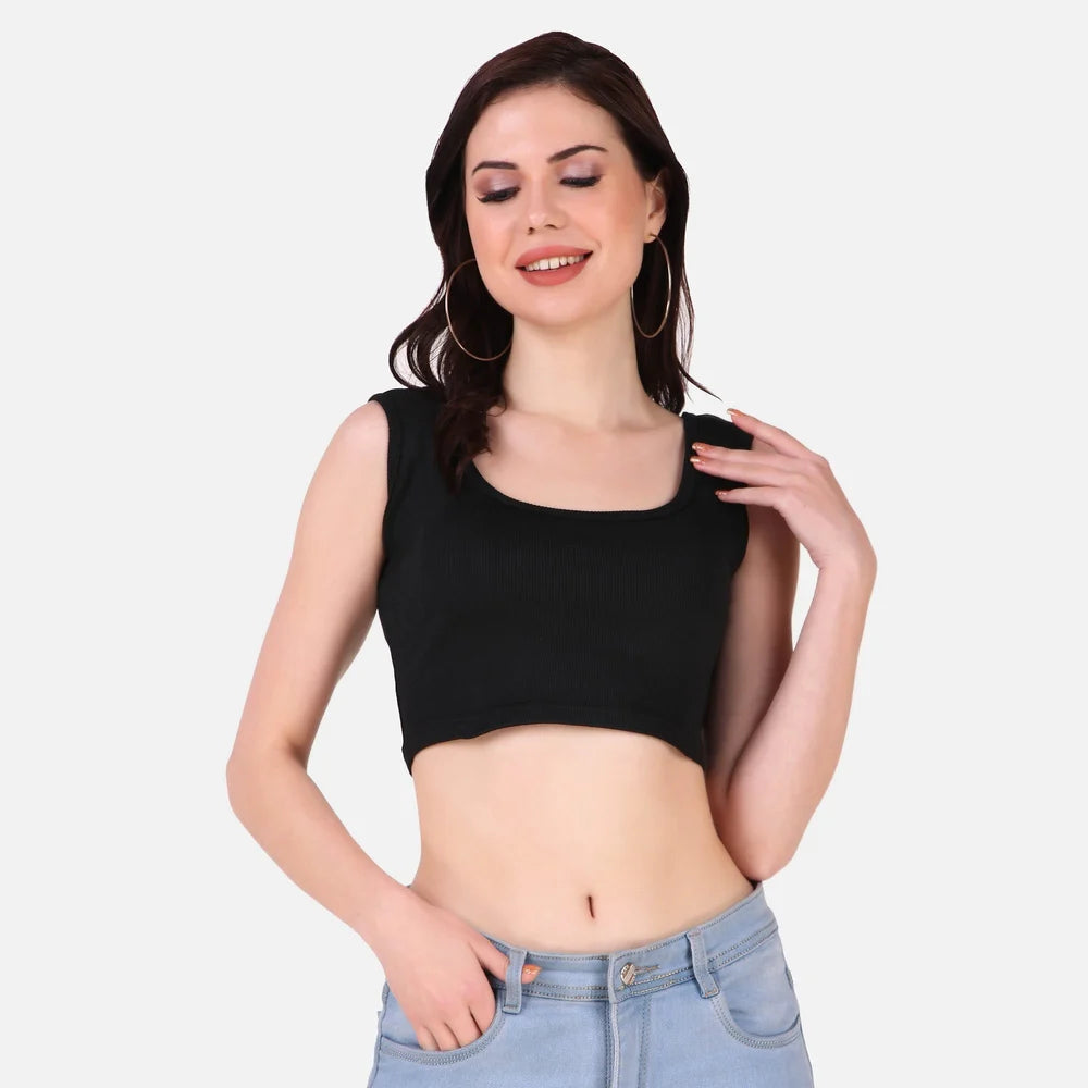Cotton sleeveless Women Rib Crop Tops, Solid, Black